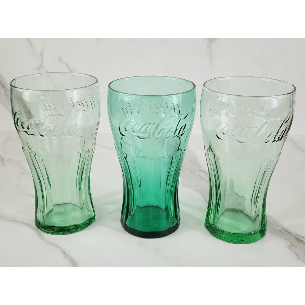 Coca Cola Libbey Drinking Glasses 16oz Embossed Logo 6" Retro Glass Green x3